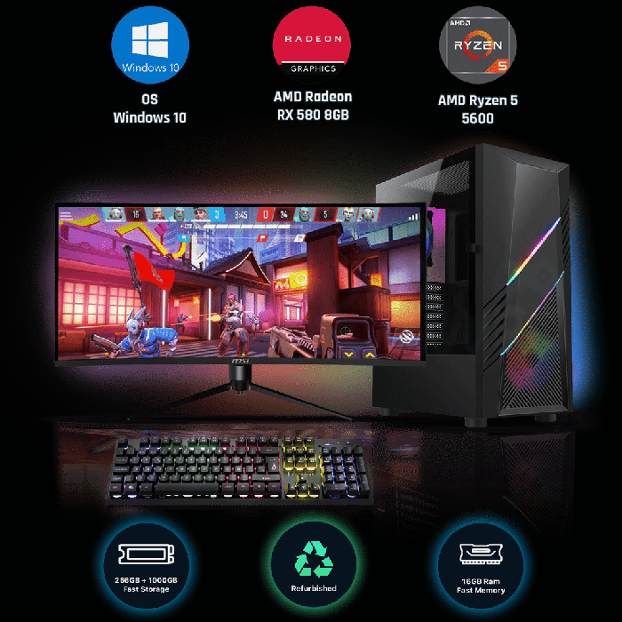 Refurbished AMD Ryzen 5 5600 16GB RAM 256GB SSD 1TB HDD AMD Radeon RX 580 8GB Gaming PC