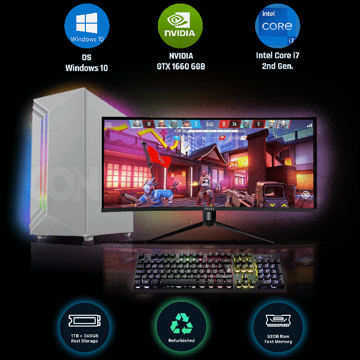 Gaming PC Bundle Core i7 2nd Gen 32GB RAM 240GB SSD 1TB HDD GTX 1660 6GB 23 Inch Monitor Windows 10 A ConsolekillerPc